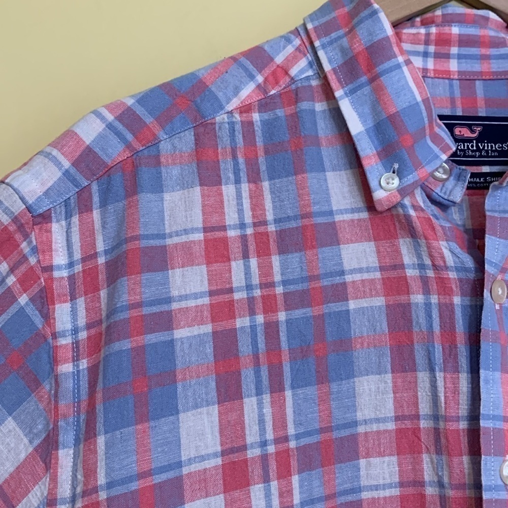 Vineyard Vines Plaid Slim Fit Whale Cotton Linen Blend Button Down Oxford Shirt - Picture 12 of 17